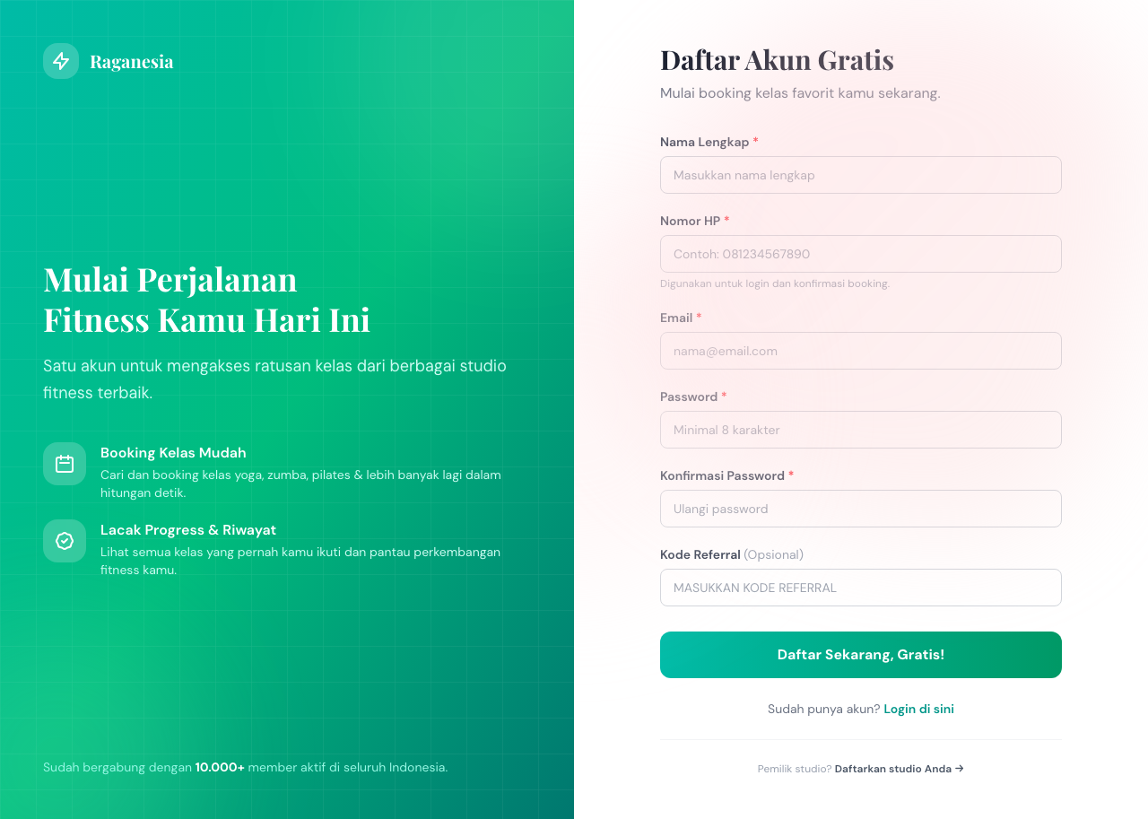 Tangkapan layar halaman Daftar Akun Gratis RagaNesia dengan form Nama Lengkap, Nomor HP, Email, Password, dan Kode Referral opsional